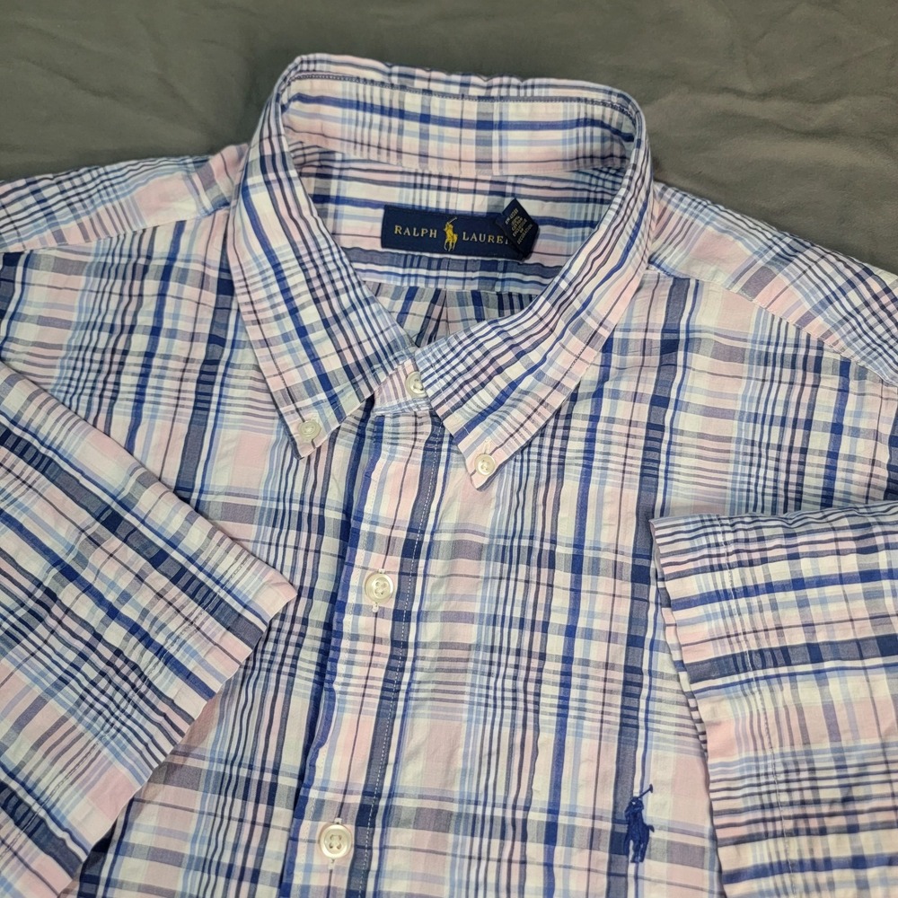 Ralph Lauren Seersucker Shirt Mens 2XL Blue White Striped Short Sleeve Beach